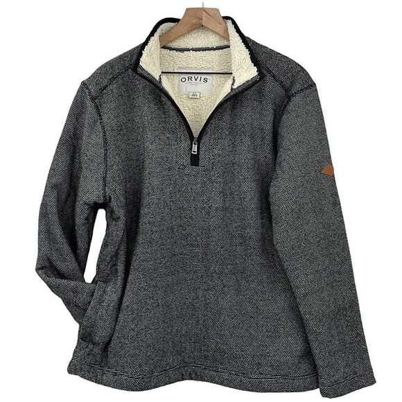 Orvis Men's 1/4 Zip Pullover w/ Pockets Sherpa Lined High Neck Gray/Black | M - Picture 1 of 7